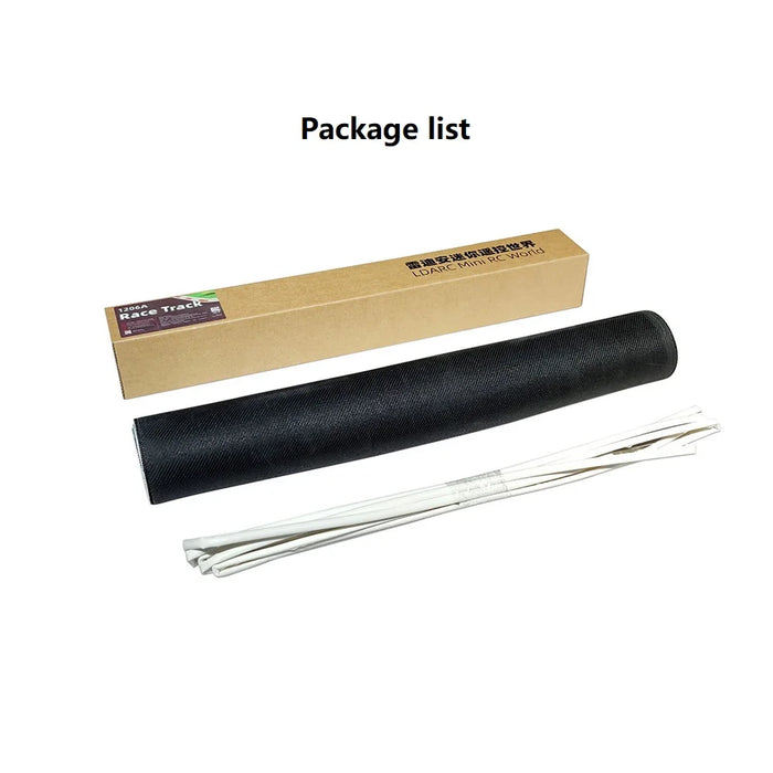 A black PK mesh screen, resembling Lacatang Shop's Portable Mini RC Car Race Track Mat, comes with white plastic zip ties and a brown cardboard box with text, all set against a white background. Perfect for setting up table racing accessories.