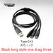 A 1.1-meter black USB cable with a Type-C connector splits into three Type-C connectors, featuring "Turbo Racing" and "Black long style one drag three." It's perfect for charging needs, reminiscent of Lacatang Shop's TURBO RACING 1:76 Remote Control Car Race Track Set.