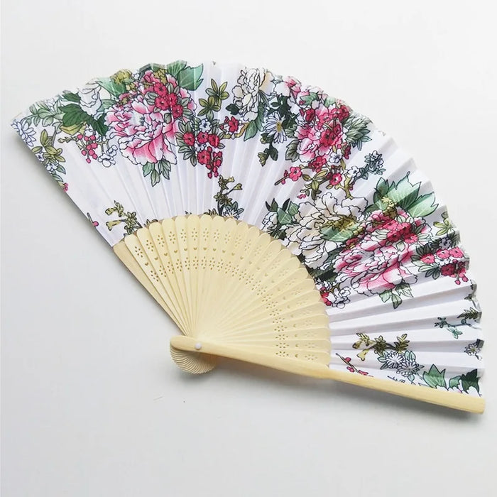 Elegant Bamboo and Cloth Folding Hand Fan with Floral Print for Weddings, Parties, and Dance Performances