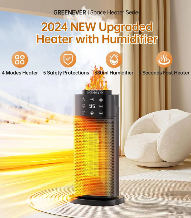 Space Heater Indoor with Humidifier: 2024 Upgraded PTC Electric Heaters for Indoor Use with Thermostat, 1500W Ceramic Heater