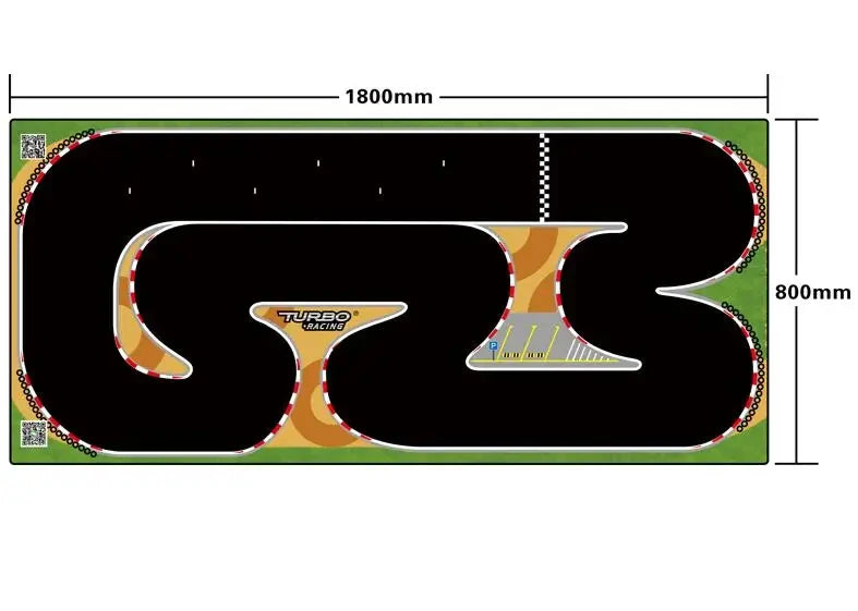 The Lacatang Shop's large portable Turbo Racing rubber mat features a black track with sharp curves, a checkered finish line, and the "Turbo Racing" logo for 1:76 RC mini cars. It measures 180x80cm and has a green backdrop with red and white curbs.