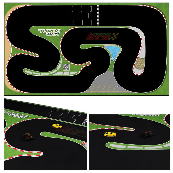 An aerial view showcases the Portable Turbo Racing Rubber Track Mat by Lacatang Shop, with winding roads and red-and-white barriers. On this thrilling 1600x900mm racing mat, a yellow and a black 1:76 RC mini car race amidst a grassy backdrop for an exciting table racing experience.