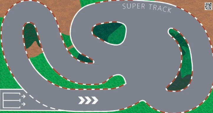 Aerial view of the 3.2 Meter RC Drift Track from Lacatang Shop, labeled "Super Track" for high-speed racing with Mini-Z and Mini-Q models. It boasts multiple curves with red and white borders, resembling a go-kart circuit. A white arrow marks the start line on grass interspersed with brown patches.