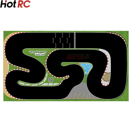 Illustration of a black race track on green and beige. Features bold "Turbo Racing" and "HotRC," red/white curbs, checkered finish line, and parking area. This 1:76 scale RC car track doubles as the Portable Turbo Racing Rubber Mat by Lacatang Shop for table racing.