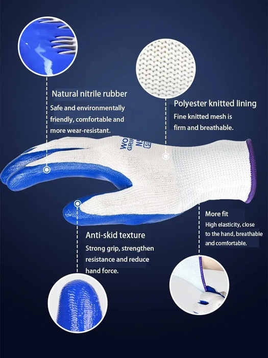 The 3 Pairs Of Non-slip Wear-resistant Breathable Nitrile Gloves by AliExpress are shown in blue and white with callouts highlighting their features. The natural nitrile rubber ensures increased wear resistance, the polyester knitted lining offers breathable comfort, the anti-skid texture provides a strong grip, and the glove's elasticity guarantees a comfortable fit. These gloves are premium quality in terms of wear resistance.