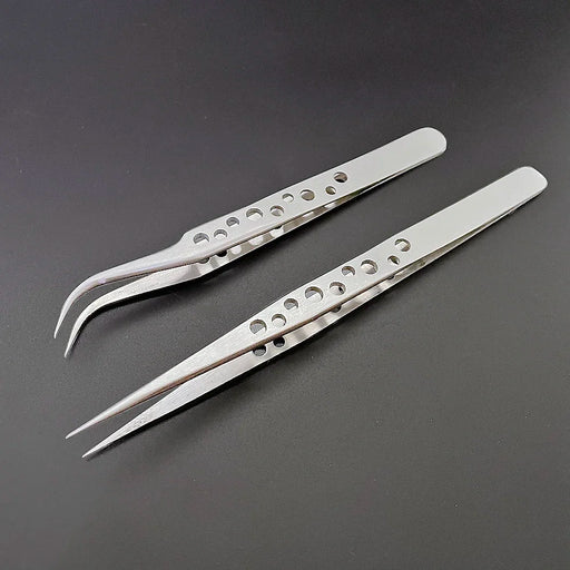 Two AliExpress Industrial Tweezers for Electronics Anti-static are displayed against a dark backdrop. One features a straight, pointed tip, while the other boasts a curved, pointed tip. Both handle designs include perforations to enhance grip and decrease weight. Their polished surfaces guarantee no black marks during use.