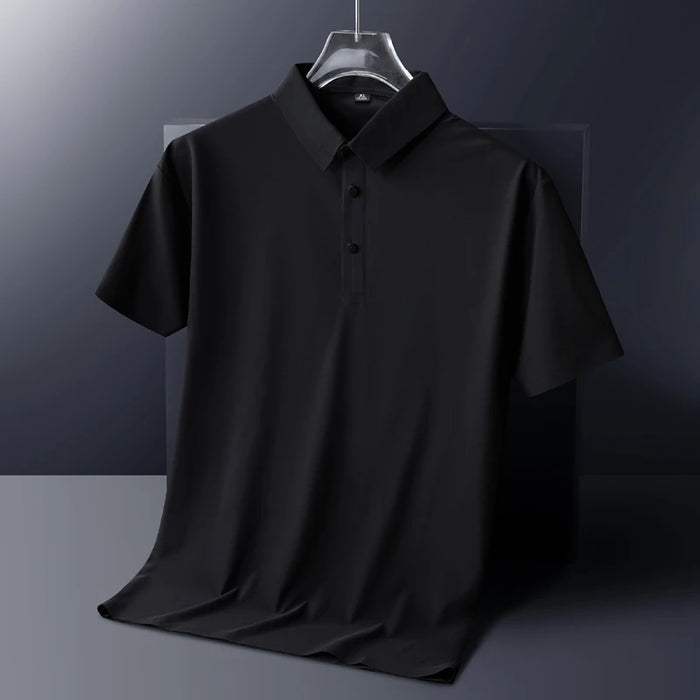 Classic Black High Quality Wrinkle Resistant Ice Silk Short Sleeved T-shirt Men's Summer Lapel Casual Solid Color Tops Polo Men