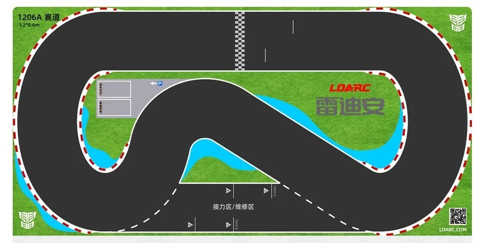 The LDARC Mini RC Car Racing Track Mat, available from Lacatang Shop, features a black asphalt path with curves and a dotted start/finish line. It is surrounded by grass, water, parking spaces, and red/white borders. "LDARC" text with Chinese characters is included. Size options: 160x90cm & 120x60cm.