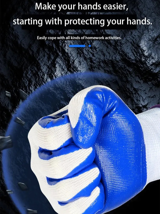 Close-up of a hand making a fist wearing a white and blue, non-slip, wear-resistant breathable nitrile glove against a dark textured background. The text above reads, "Make your hands easier, starting with protecting your hands. AliExpress's 3 Pairs Of Non-slip Wear-resistant Breathable Nitrile Gloves help you easily cope with all kinds of homework activities.