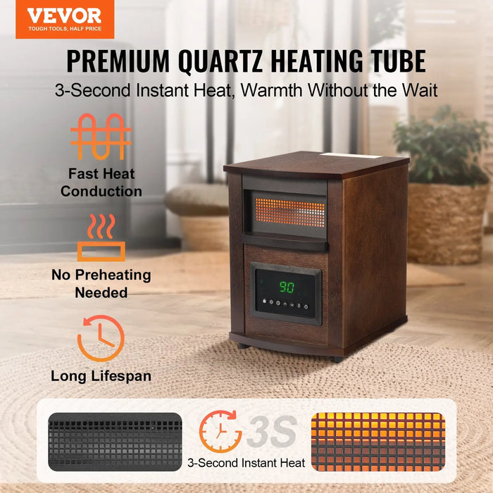 VEVOR Infrared Heater, 1500W Remote Control Electric Space Heater, LED Patio Heater w/ 3 Speeds & Timer & Overheat/Tip-Over Prot