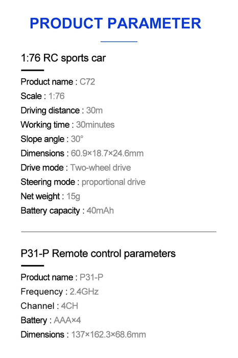 Turbo Racing 1:76 Scale RC Sport Car C72 C73 Table Game Racing Remote Control Mini Model Full Proportional RTR Kit Toys