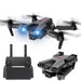 Image of a sleek black smart quadcopter drone labeled "Ninja Dragon Phantom X HD Dual Camera Smart Quadcopter Drone" with blue lights on the front. The photo features the drone in flight, highlighting its dual cameras, as well as a folded view showcasing its foldable arms, and a remote controller with dual antennas and a display screen. This innovative product is brought to you by Yellow Pandora.