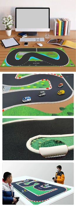 A Lacatang Shop Portable PK Mesh Race Track Mat (160x90cm & 120x60cm) lies under a computer, showcasing fine stitching details. Two children, with remote controls in hand, enjoy thrilling mini RC car races across the track.