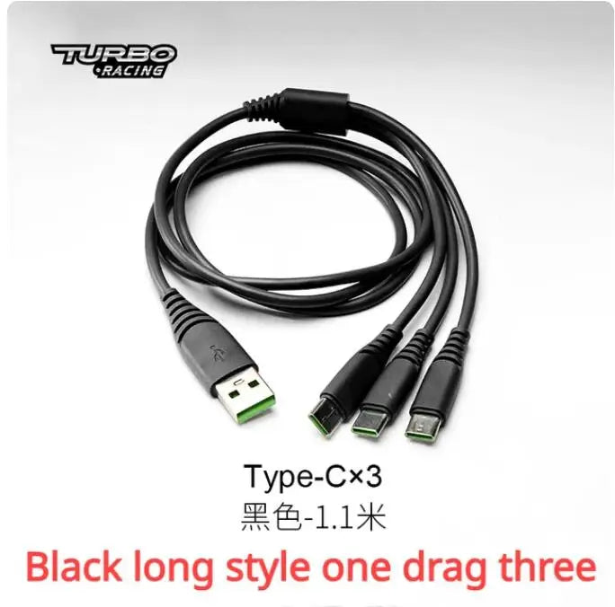 The black "Black long style one drag three" USB cable, featuring one Type-C and three additional Type-C connectors, measures "黑色-1.1米," mirroring the precision of Lacatang Shop's TURBO RACING 1:76 Remote Control Car Track Mat with Cement Blocks and Drift Jumps.