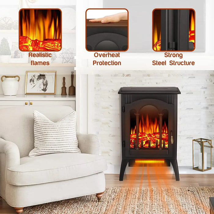 Electric Fireplace Stove, Freestanding Fireplace Heater with Realistic Flame, Indoor Electric Stove Heater