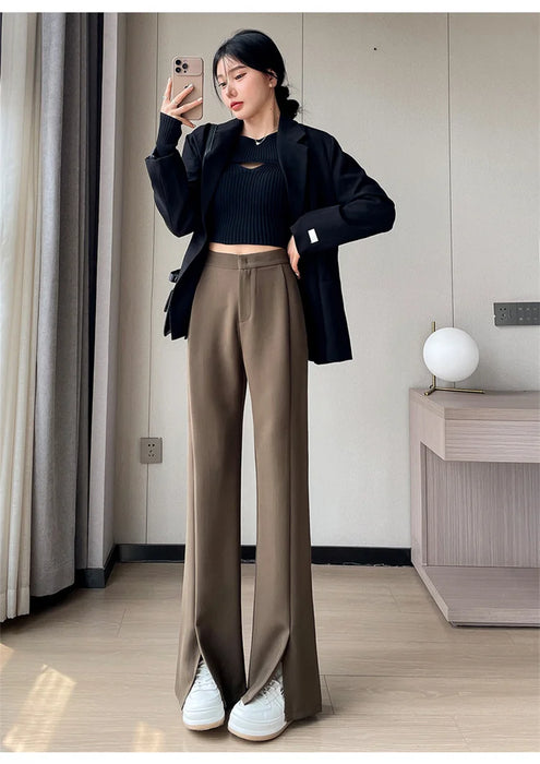 Jielur Coffee Skinny Basic Suit Women Wide Leg Pants Autumn Straight Casual Apricot Trousers Solid Color Split Office Lady Pants