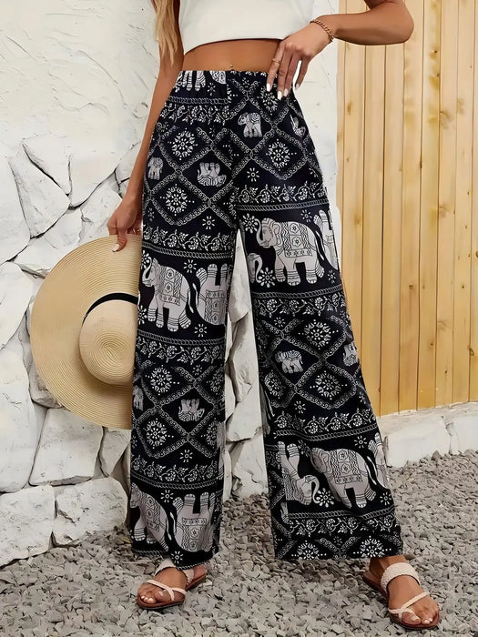 Fashion Women Wide Leg Pants High Waist Thailand Elephant Print Pant Summer Thin Straight Trousers Casual Bottom Female Clothing