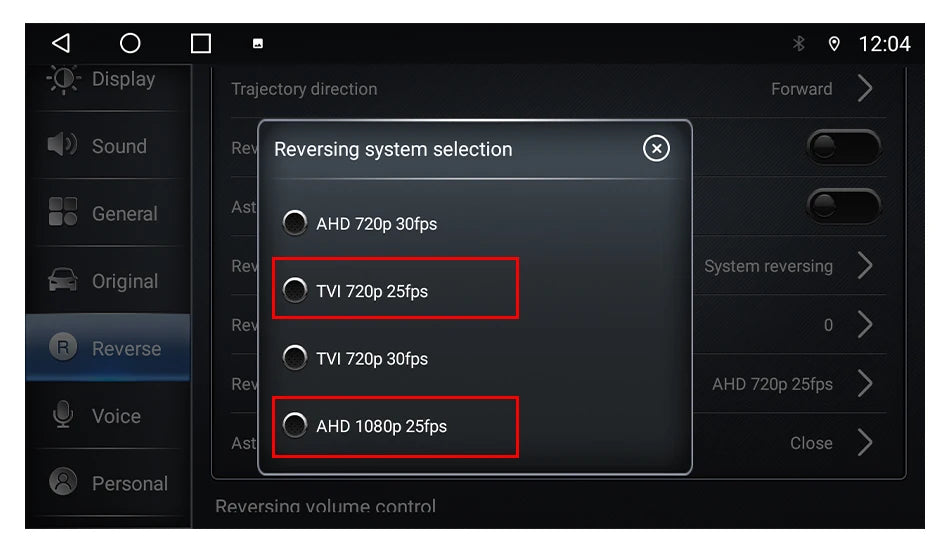 Choose a reversing camera system via a touchscreen interface, including Lacatang Shop's Develuck HD 1080P Night Vision Waterproof Car Camera. Options: AHD 720p 30fps, TVI 720p 25fps/30fps, and the highlighted HD option with fisheye lens in red boxes.