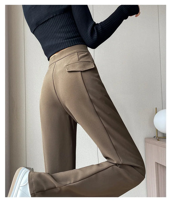 Jielur Coffee Skinny Basic Suit Women Wide Leg Pants Autumn Straight Casual Apricot Trousers Solid Color Split Office Lady Pants