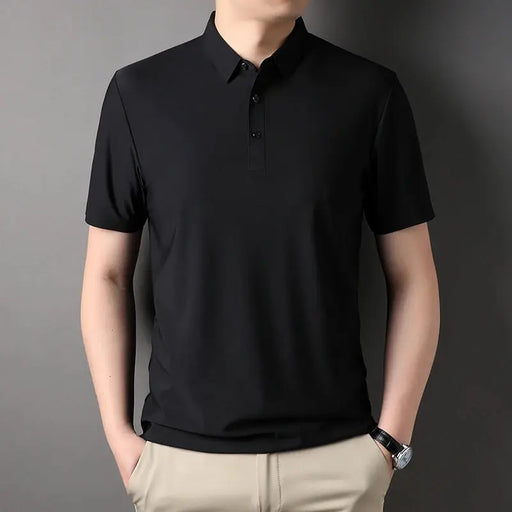 Classic Black High Quality Wrinkle Resistant Ice Silk Short Sleeved T-shirt Men's Summer Lapel Casual Solid Color Tops Polo Men Classic Black Ice Silk Polo T-Shirt for Men - Summer Casual Wear  Lacatang Shop Lacatang Shop 