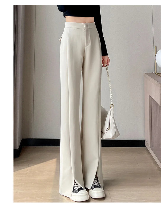 Jielur Coffee Skinny Basic Suit Women Wide Leg Pants Autumn Straight Casual Apricot Trousers Solid Color Split Office Lady Pants