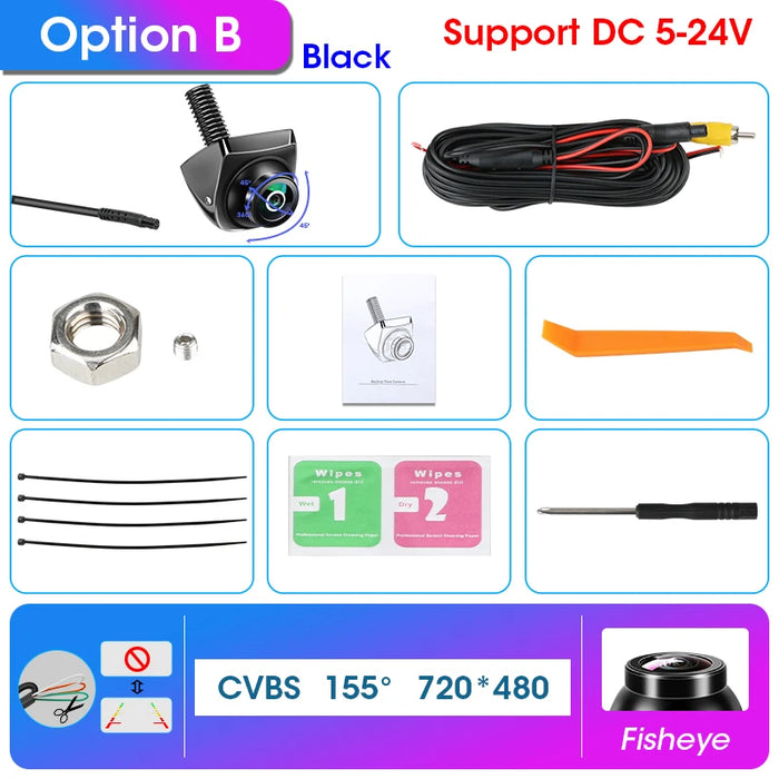 The diagram displays components of a black fisheye camera kit titled "Option B" from Lacatang Shop. It features a Develuck HD 1080P 170° Fisheye Night Vision Car Rear View Camera with AHD CVBS, waterproofing, supports DC 5-24V, wires, mounting hardware, cleaning wipes, and an installation tool.