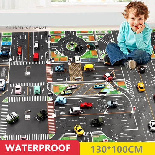 A child sits on the Lacatang Shop Interactive City Traffic Play Mat for Kids, a 130x100 cm waterproof educational rug with city street designs, roads, and toy vehicles, engaging eagerly in imaginative play.