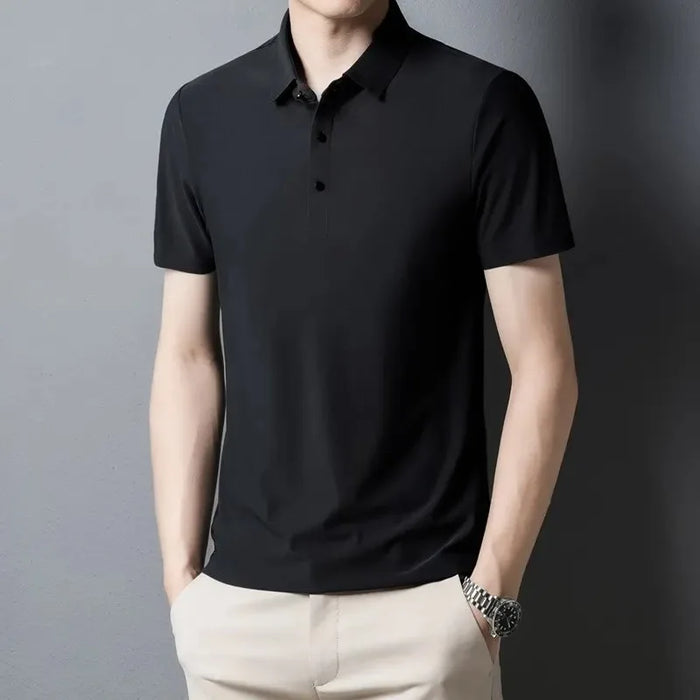 Classic Black High Quality Wrinkle Resistant Ice Silk Short Sleeved T-shirt Men's Summer Lapel Casual Solid Color Tops Polo Men