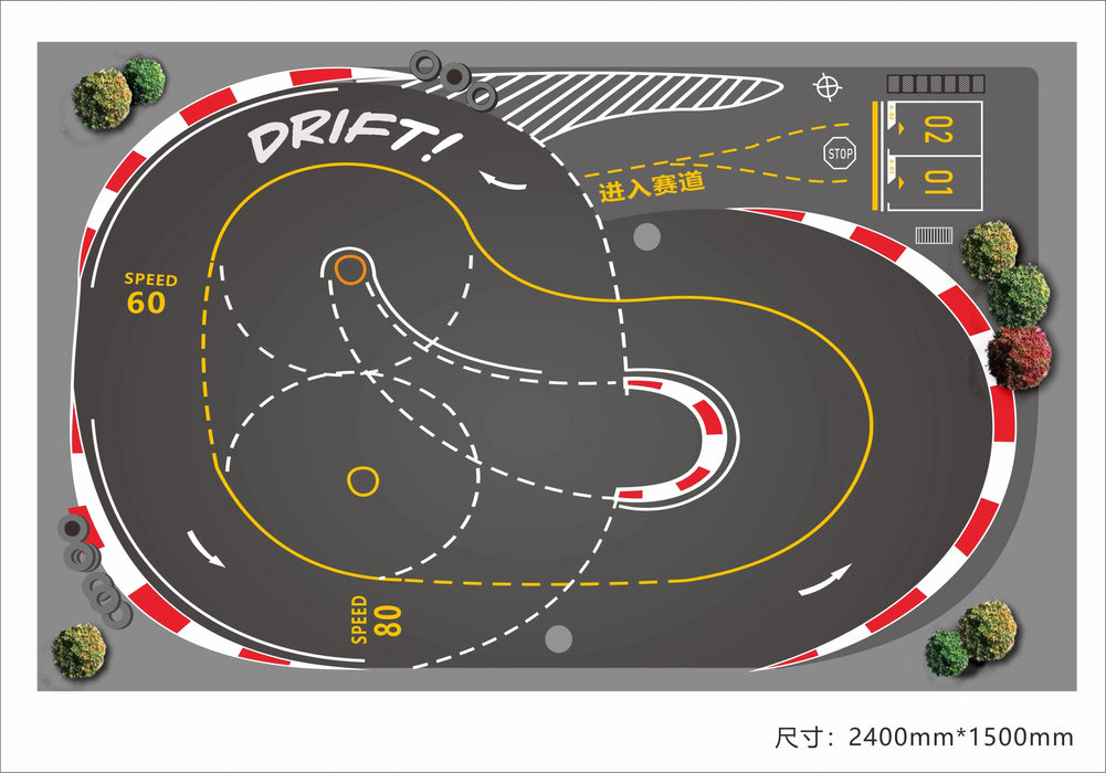 Check out the Lacatang Shop's 2.4m Drift Racing Track, perfect for RC car enthusiasts! Ideal for Kyosho Mini-Z and others, it boasts sharp turns, a pit stop area, colored trees, and is labeled "Speed 60" and "Speed 80.