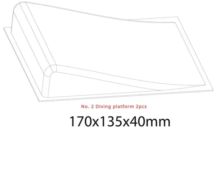 Enhance your 1:76 scale track layout with a diving platform featuring dimensions 170x135x40mm. "No. 2 Diving platform 2pcs" is labeled in red, offering a curved surface and rectangular base—a perfect addition for scale model racing by Lacatang Shop's TURBO RACING Kit with Drift Jump and Cement Blocks.