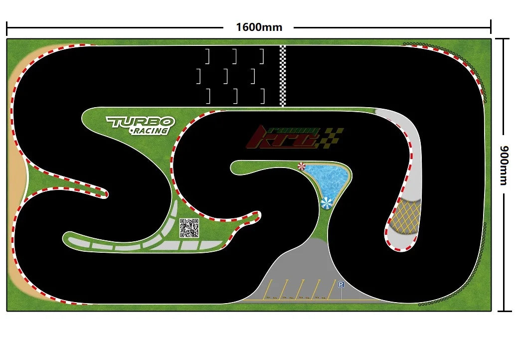 The Lacatang Shop's Turbo Racing Portable Table Race Track Mat, measuring 1600x900mm, features winding paths and a checkered finish line. It includes labeled sections, green areas surrounding the track with parking spaces, and logos for Turbo Racing and KTC. Suitable for 1/76–1/58 scale mini RC cars.