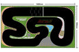 The Lacatang Shop's Turbo Racing Portable Table Race Track Mat, measuring 1600x900mm, features winding paths and a checkered finish line. It includes labeled sections, green areas surrounding the track with parking spaces, and logos for Turbo Racing and KTC. Suitable for 1/76–1/58 scale mini RC cars.