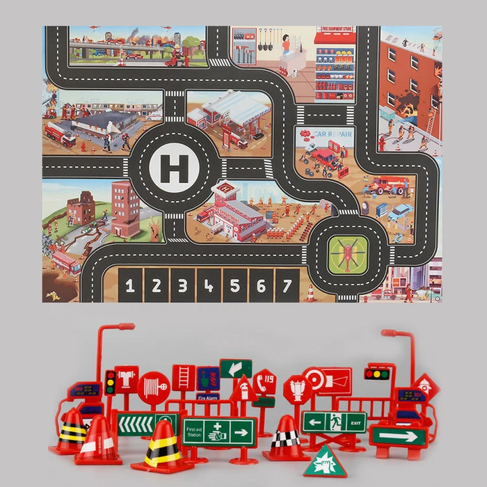 The Lacatang Shop's City Traffic Play Mat for Babies is a vibrant educational road map carpet with roads, buildings, and shops. It includes toy road signs, traffic cones, directional signs, and lights to creatively introduce road safety concepts.