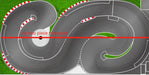 The digital image of the 3.2m Drift Racing Track by Lacatang Shop shows a slot car race track made of durable PVC cloth with gray roads, red and white striped barriers, and various curves over a grassy background. A red line labeled "cut two piece transport" crosses it horizontally.