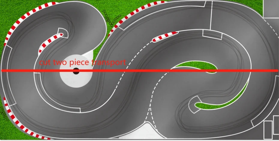 The digital image of the 3.2m Drift Racing Track by Lacatang Shop shows a slot car race track made of durable PVC cloth with gray roads, red and white striped barriers, and various curves over a grassy background. A red line labeled "cut two piece transport" crosses it horizontally.