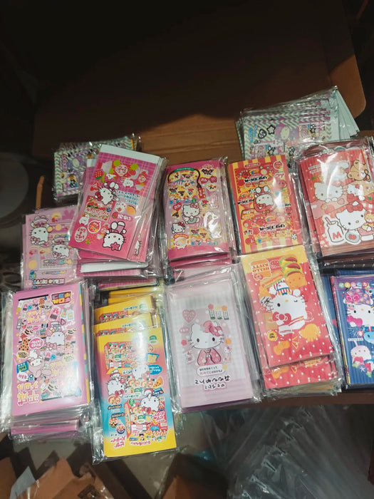 The Lacatang Shop offers kawaii Hello Kitty sealing stickers, perfect for packaging and crafts. These vibrant cards showcase cute cartoon characters, animals, and hearts in bright colors like pink, red, and yellow against playful backgrounds.