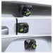 Three images depict a Lacatang Shop Develuck HD 1080P 170° fisheye night vision car rear view camera on a vehicle's rear bumper, side mirror, and tailgate handle. This compact camera features a green-tinted lens for enhanced night visibility and is waterproof with AHD CVBS universal reverse capability.