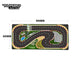 Illustration of the Large 160x90cm Portable Turbo Racing Rubber Track Mat by Lacatang Shop, crafted for 1:76 RC Mini Cars. The table racing track includes sharp curves, a checkered finish line, a parking area, and landscaped surroundings.