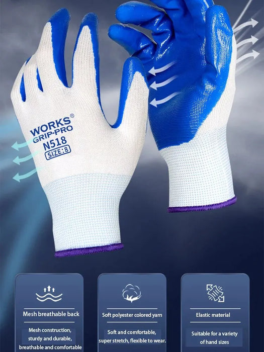 A set of three pairs of non-slip, wear-resistant, breathable nitrile gloves in blue and white by AliExpress. Each pair is labeled "Works Grip-Pro N518 Size: 8." The back features a breathable mesh design, while the front is made of soft polyester. Illustrated arrows highlight the gloves’ flexibility and comfort. Below are icons emphasizing their breathability, comfort, and resilience against wear.