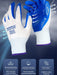 A set of three pairs of non-slip, wear-resistant, breathable nitrile gloves in blue and white by AliExpress. Each pair is labeled "Works Grip-Pro N518 Size: 8." The back features a breathable mesh design, while the front is made of soft polyester. Illustrated arrows highlight the gloves’ flexibility and comfort. Below are icons emphasizing their breathability, comfort, and resilience against wear.