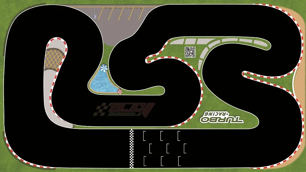 An overhead view of a go-kart racetrack with red and white curbs, a checkered start-finish line, parking spots, pool design, QR code, and "Turbo Racing" text resembles the Turbo Racing 1.6m x 0.9m Portable PVC Race Track Mat by Lacatang Shop for mini RC cars.