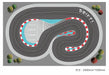 A top-down view of the Lacatang Shop's 2.4m Drift Racing Track, compatible with Kyosho Mini-Z and more, features marked curves labeled "DRIFT!" in the top right, red and white striped borders, and four small greenery patches. Dimensions: 2400mm x 1500mm.