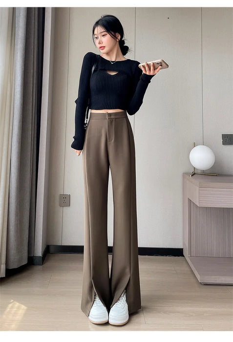 Jielur Coffee Skinny Basic Suit Women Wide Leg Pants Autumn Straight Casual Apricot Trousers Solid Color Split Office Lady Pants