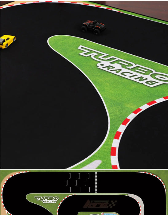 The TURBO RACING 1:76 Drift Track Mat from Lacatang Shop features a black and green racing track with red and white borders, highlighting two small toy cars: a yellow one on the straight path and a black one on the curve, perfect for RC enthusiasts.