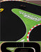 The TURBO RACING 1:76 Drift Track Mat from Lacatang Shop features a black and green racing track with red and white borders, highlighting two small toy cars: a yellow one on the straight path and a black one on the curve, perfect for RC enthusiasts.