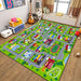 The VIKAMA Kids' Cartoon Traffic Play Mat by Lacatang Shop, featuring a colorful car-themed design with roads and buildings, lies on a wooden floor. Nearby are a guitar, vintage suitcase, and cozy daybed with cushions. The room is bathed in natural light from a window.