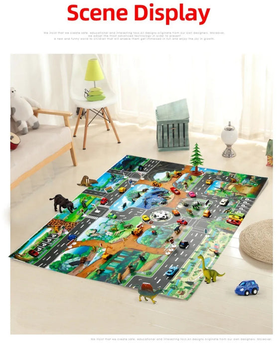 Kids Waterproof Playmat - Portable Dinosaur and Farm Road Activity Carpet for Toddlers, Non-Toxic Educational Crawling Mat