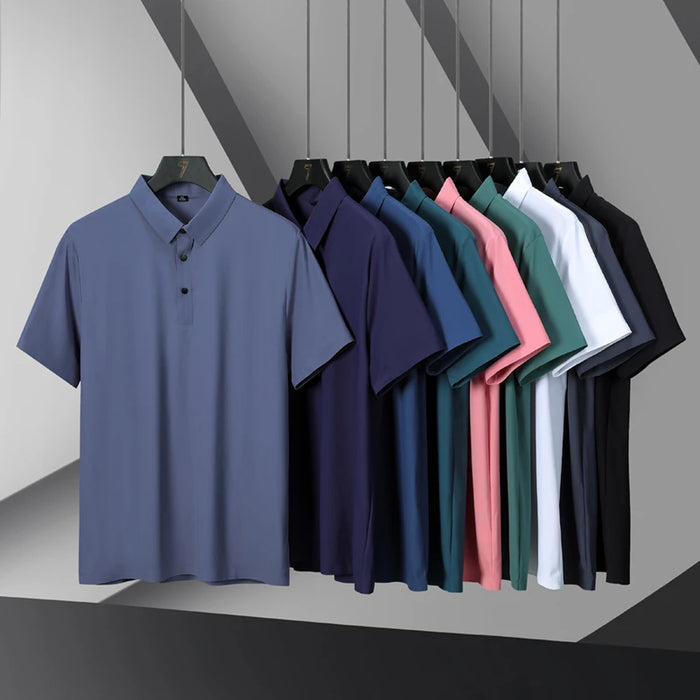 Classic Black High Quality Wrinkle Resistant Ice Silk Short Sleeved T-shirt Men's Summer Lapel Casual Solid Color Tops Polo Men