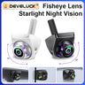 A promotional image for the Lacatang Shop's Develuck HD 1080P 170° fisheye night vision car rear view camera displays two models, one white and one black, with adjustable angles. Smaller images show various mounting views.