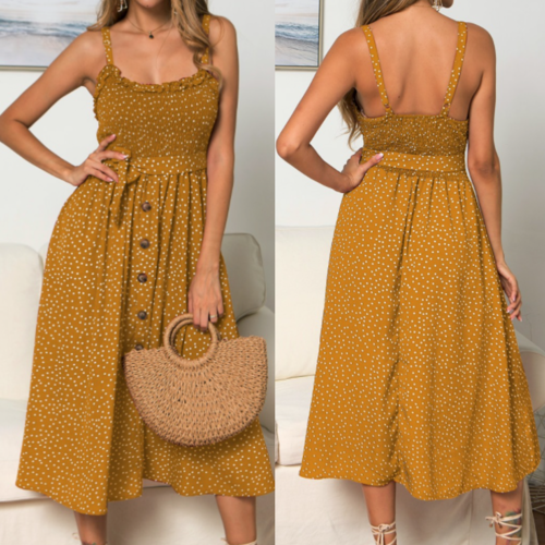 Women Spaghetti Straps Polka Dot Maxi Dress Women Spaghetti Straps Polka Dot Maxi Dress - Lacatang Shop Dresses Yellow Pandora Lacatang Shop 